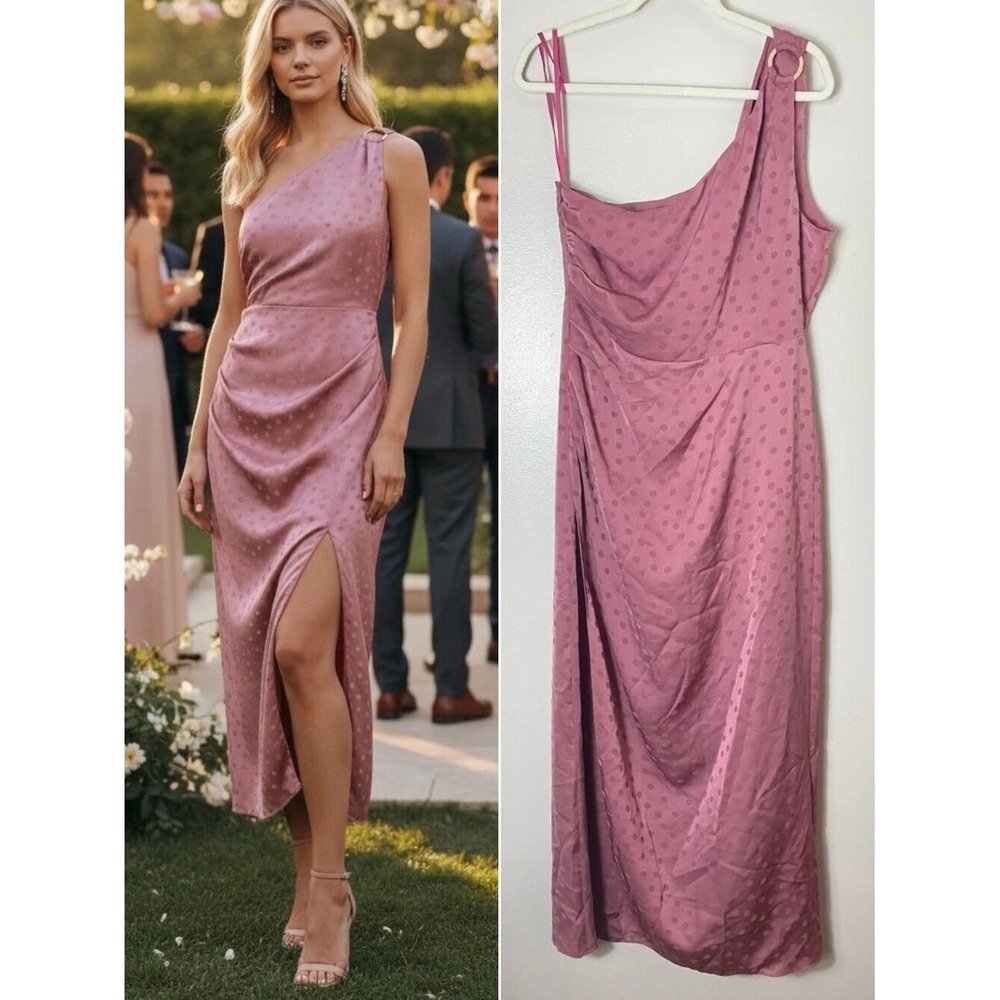 Favorite Daughter Dress 12 Pink Mauve Jacquard Polka Dot Midi Dress One Shoulder